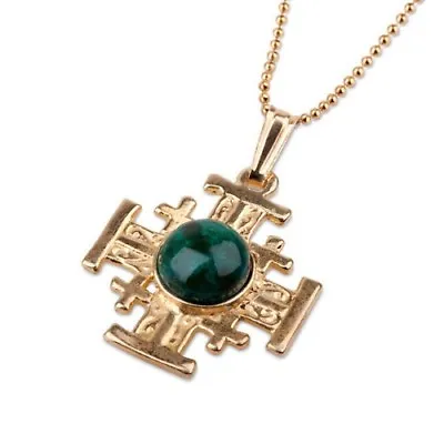 Jerusalem Cross Eilat Stone Pendant 14k Gold + Necklace ! High Quality Jewelry • $410