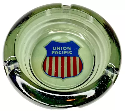 Union Pacific Railroad LOGO Ashtray 4.25  Smoked Glass Round Trains Vintage • $19.99