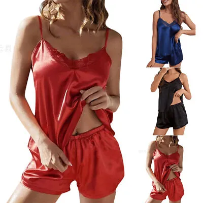 Lady Womens Satin Silk Lace Cami Vest Shorts Pyjamas Pj Sleepwear  Lingerie Set • £8.69