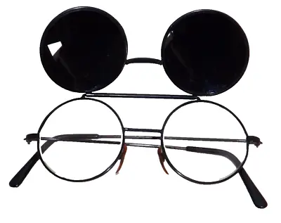 Vtg Flip Up Metal Frame Black Sunglasses Eyeglasses Round Steam Punk Circle • $20