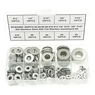 360PCS #2 To 7/16  304(18-8) Stainless Steel SAE Flat Washers Assortment Kit... • $15.31