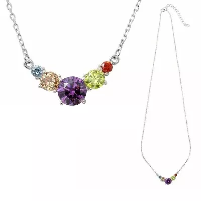 Sterling Silver Necklace W/ Rainbow Multi Color CZ Stones V-Shape Pendant • $23.99