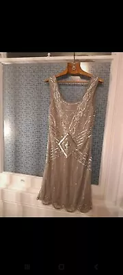 Gatsby Silver Beaded Flapper Dress  1920s Style Party Bridesmaid Weddings 14 • £30