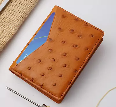 Light Brown Wallet Card ID Case Pocket Slim Real Ostrich Leather Handmade Gift • $75