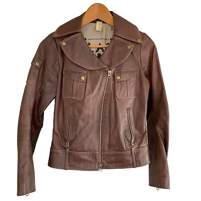 Vintage Las Pepas Brown Genuine Argentinian Leather Moto Jacket Women’s 1 (XXS) • $29.95