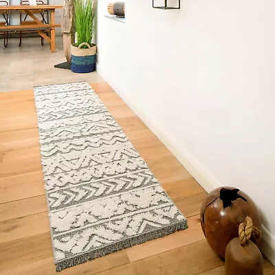 Grey Tribal Flatweave Runner Sustainable Recycled Cotton Hallway Rug Mat REDUCED • £12.95