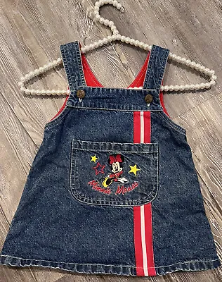 VTG 90’s Mickey Disney Baby Girl Blue Denim Minnie Mouse Pocket Overall Dress 2Y • $25