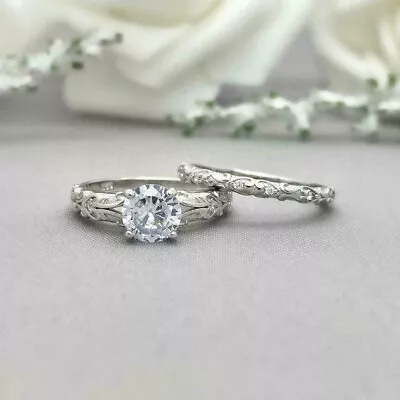 Vintage 1.7Ct Round Cut CZ Wedding Engagement Ring & Band Set In 925 Silver • $113.04