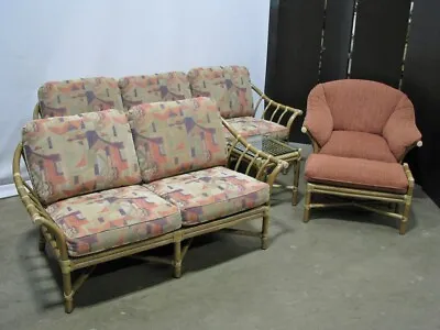 5 Pc Vtg. McGuire Bamboo Rattan Set Couch Loveseat Chair Table Ottoman; Mint • $3950