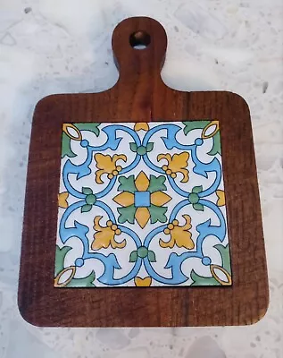 Mexican Tile Design Vintage 1970's Blue & Gold Trivet In  Wood Frame & Handle • $20