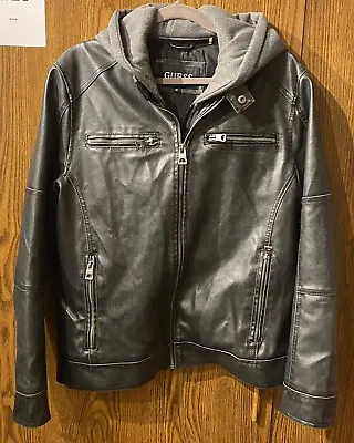 Guess Jacket Mens Black Faux Leather Lined Hoodie Motorcycle Biker Coat Sz M • $16.47