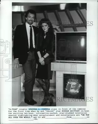 1985 Press Photo Stephen Cannell & Morgan Brittany On On Top All Over The World. • $19.99