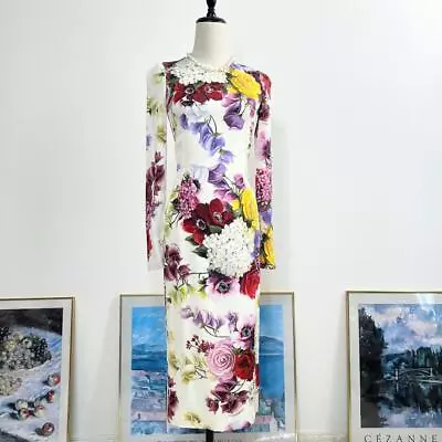 DOLCE & GABBANA Floral Pattern Silk Dress White Long Sleeves Size 36 Women • $735