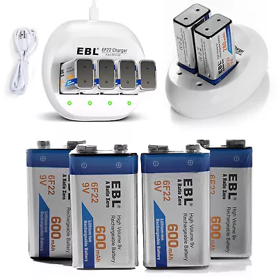 EBL 9V Long Lasting Li-ion 600mAh Rechargeable 6F22 Batteries With Charger Lot • £32.39