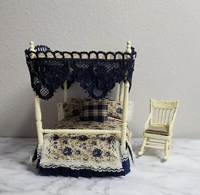 Dollhouse Miniature Yellow  Blue Romantic  Canopy Bed Rocking Chair  1:12 OOAK  • $55