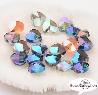 10 Pendant Heart Beads Faceted Cut Glass Crystal 10mm Rainbow AB Lustre GLS6 • £3.29