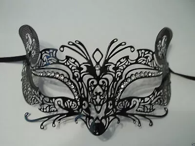 Black Fox Cat Laser Cut Venetian Mask Masquerade Metal Filigree Crystal Gems • $18.99