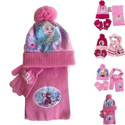 Kid Girl Frozen Minnie Mouse Printed Pom Poms Beanie Hats Knit Scarf Gloves NEW • £15.89