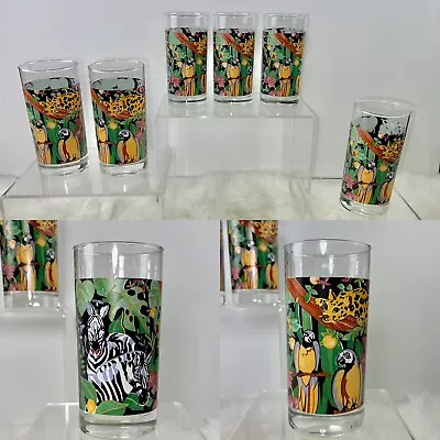 6 Vtg Vitromaster “Rain Forest” Clear Tumblers Glasses Set Tigers Parrots Jungle • $49.97