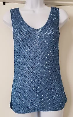 Vera Cristina Top Blouse Sheer Mesh Crochet Blue Size L Large Slim Stretch • $13.99