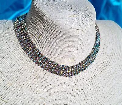 Sparkly Aurora Borealis Rainbow Crystal Collar Necklace On A Silver Toned Chain • £6.50