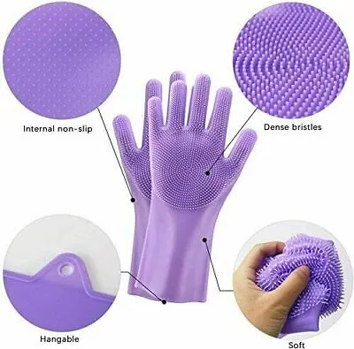 UK Magic Silicone Rubber Dish Washing Gloves Kitchen Pet Bath Cleaning Purple • £4.49