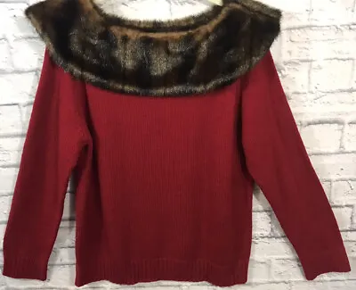 VTG. Nygard Collection Red Sweater Faux Fur Collar Large 14-16 Acrylic Pullover • $14