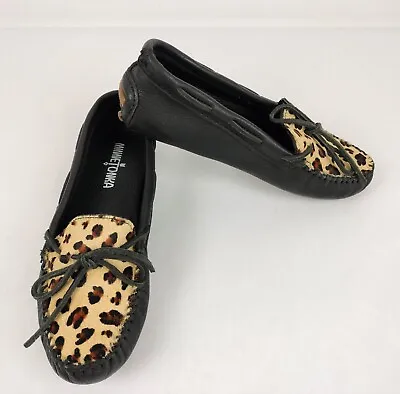 Minnetonka Leopard Kilty Driving Moccasins Calf Hair Slip On 690F Size 7.5 Black • $26.99