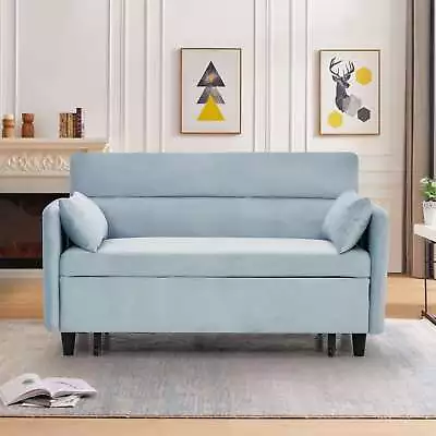 Modern 54  Blue Velvet Sofa With Pull-out Bed And 2 Pillows For Small Space • $518.23