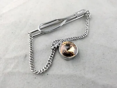 Swank Tie Bar - Silver Tone - Faceted Brown Colored Rhinestone On A Drop Chain • $11.95