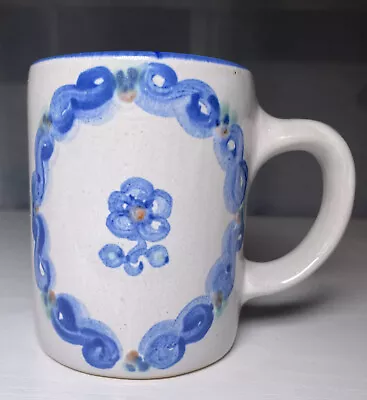 M A Hadley Blue Flower Mug Stoneware Coffee Hand Painted Signed The End VTG 3.5” • $21.99