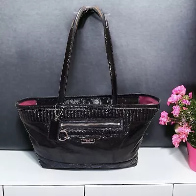 Coach Poppy Daisy Gloss Patent Leather Black Tote Shoulder Handbag Purse 18674 • $31.50