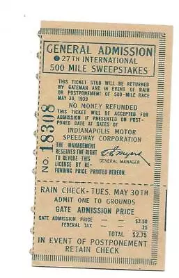 ~1939 INDY Indianapolis 500 TICKET STUB Wilbur Shaw Wins FREE SHIPPING~ • $77.85