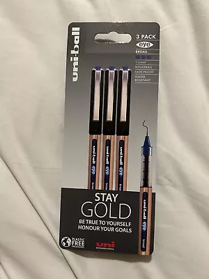 NEW Uni-ball Eye Stay Gold Handwriting Pens Blue X 3 • £4.79