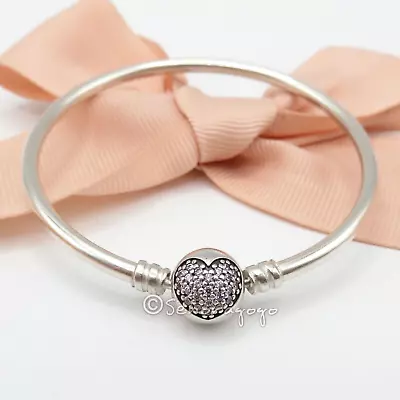 $59 • Buy PANDORA Circle Of Love Bangle Pink Pave Heart Charm Bracelet Size 19 #590716 LE