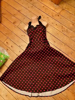 UK Retro Womens Polka Dot Swing Dress 50s 60s Rockabilly Black And Red Polka Dot • £10.50