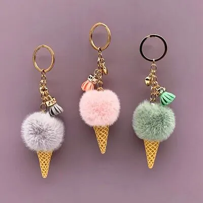 Cartoon Ice Cream Keychains Pompom Plush Ball Keyrings Women Accessories 1pc Set • $14.70