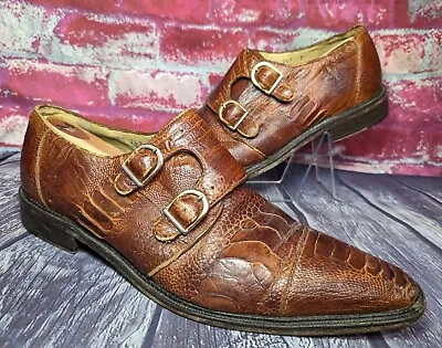 BELVEDERE Exotic Genuine Ostrich Leg Monkstrap Dress Shoes Camel Brown Mens 10.5 • $299.99