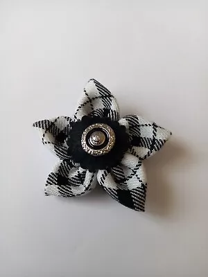 Black & White Tartan Fabric Brooch. Silver & Black Centre On Black Felt. 6.5cm • £4.25