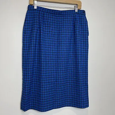 Vintage PENDLETON Blue Checkered 100% Wool Pencil Skirt Sz 14 Pocket - FLAW • $6