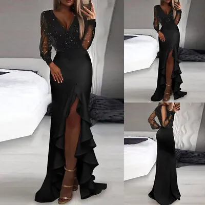 Womens Sequin Long Maxi Dress Shiny Ruffle Cocktail Evening Prom Party Ball Gown • £18.59