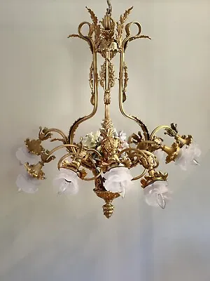 Vintage Dore Bronze Chandelier French Rococo Tiche Porcelain Rose Shade PALATIAL • $3250