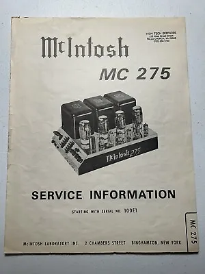McIntosh MC275 Vacuum Tube Amplifier Amp Service Information Original Manual • $49.99