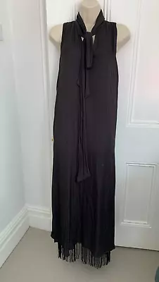 Massimo Dutti Black Satin Fringed Maxi Dress XS • £10