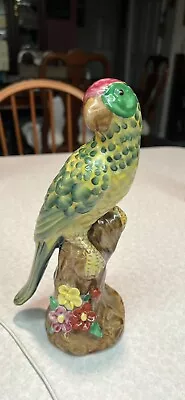 Vintage Majolica Porcelain Parrot Figurine Green Colorful Bird Statue 9” • $50