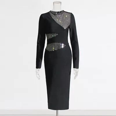 Womens Rhinestones Mesh Patchwork Sexy Round Neck Hollow Side Slit Party Dress • $82.13