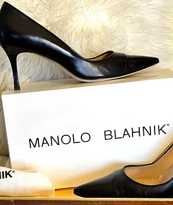 Manolo Blahnik 39 Black Classic Heel  1-blixa Carpetto Nero  Gala 70. Sz. 8.5 Us • $245