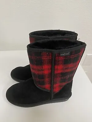 Minnetonka Women's Pasco Plaid Genuine Shearling Lined Boot Size 9 Black/Red • $19.99