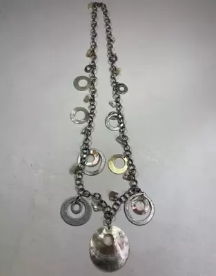 CHICO'S Long Necklace Silver Tone & Abalone Shell Discs Beads Beach BOHO Hippy • $9.99