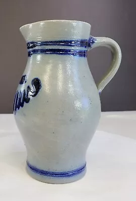 Vintage Tall Cobalt Blue Gray Stoneware Jug Pitcher Salt Glazed 9  Tall 1 1/2 L • $22.95